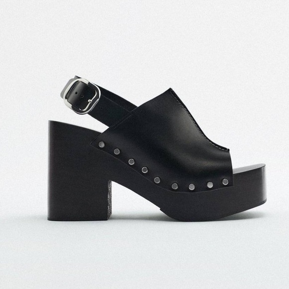 NWT. Zara Black Leather Heeled Clogs with Buckle. Size 6,5. - Picture 1 of 7